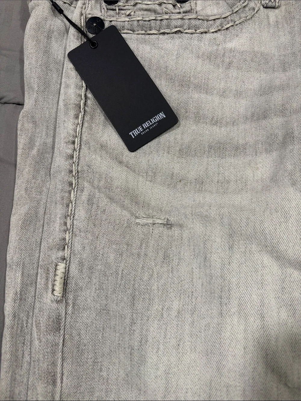 True Religion Men’s Light Gray Slim Straight Distressed Jeans